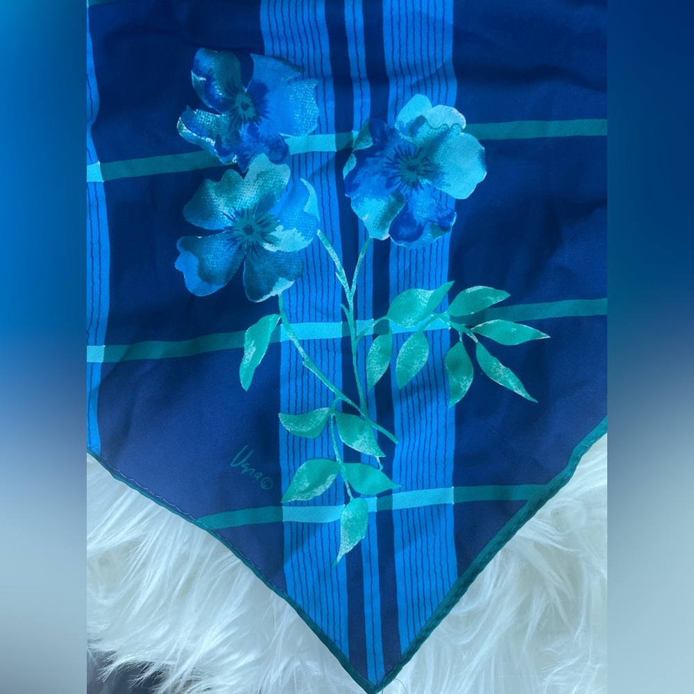 Vera Neumann Vintage Blue and Green Floral Silk Scarf ca. 1960s